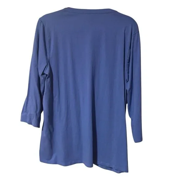 Chico's Smoked Yoke Notch Neck Smocked Tee Cotton Blend In Kensington Blue Sz 3 - Picture 2 of 6